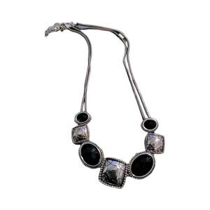 Vintage Silver Faceted Oval Black Crystal & Geometric Tile Necklace